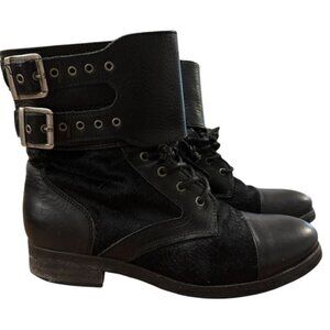 All Saints DAMISI Double-Buckle Moto/Biker Boots in Black Leather and Calf Hair